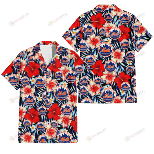 New York Mets Coral Red Hibiscus Blue Palm Leaf Black Background 3D Hawaiian Shirt