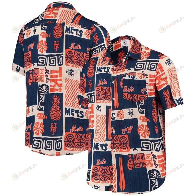 New York Mets Curved Hawaiian Shirt Fish Pineapple And Floral Pattern In Orange And Blue