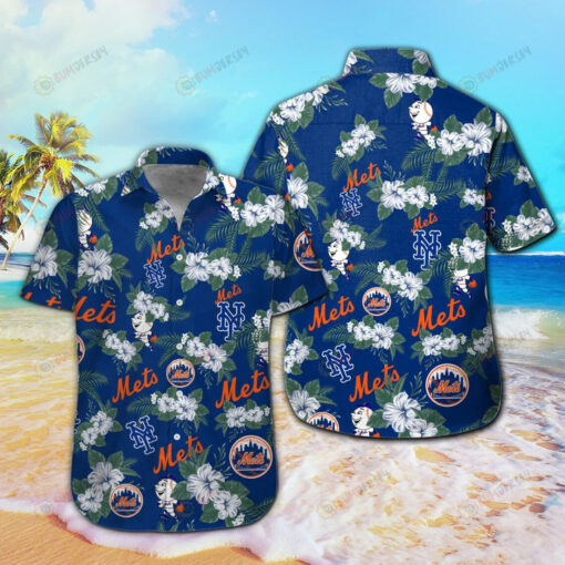New York Mets Floral & Leaf Pattern Curved Hawaiian Shirt In Dark Blue