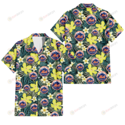 New York Mets Hibiscus Green Palm Leaf Black Background 3D Hawaiian Shirt