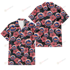 New York Mets Light Coral Hibiscus Gray Leaf Black Background 3D Hawaiian Shirt