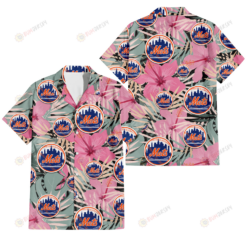 New York Mets Light Pink Hibiscus Pale Green Leaf Black Background 3D Hawaiian Shirt