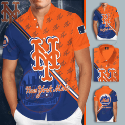 New York Mets Logo Hawaiian Shirt In Blue And Orange