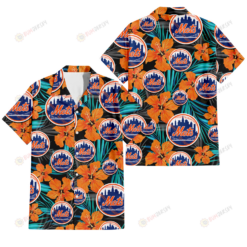 New York Mets Orange Hibiscus Blue Gray Leaf Black Background 3D Hawaiian Shirt