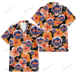 New York Mets Orange Hibiscus Dark Green Leaf Black Background 3D Hawaiian Shirt