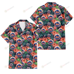 New York Mets Orange Hibiscus Green Tropical Leaf Dark Background 3D Hawaiian Shirt