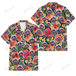 New York Mets Orange Red Hibiscus Green Leaf Dark Background 3D Hawaiian Shirt