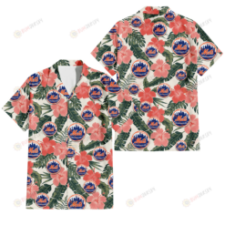 New York Mets Pink Coral Hibiscus Banana Leaf Beige Background 3D Hawaiian Shirt