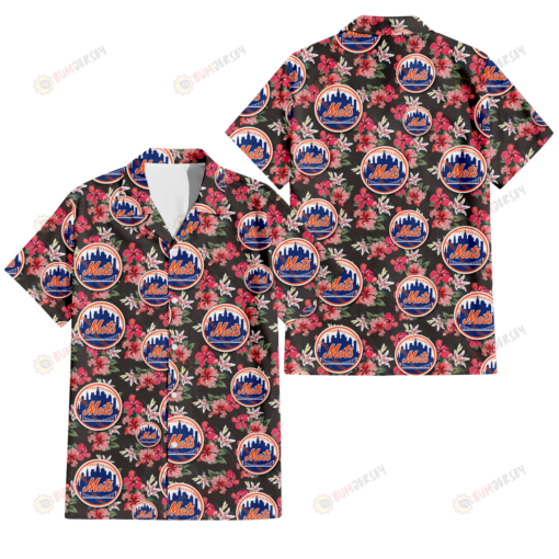 New York Mets Pink Hibiscus Orchid Brown Background 3D Hawaiian Shirt