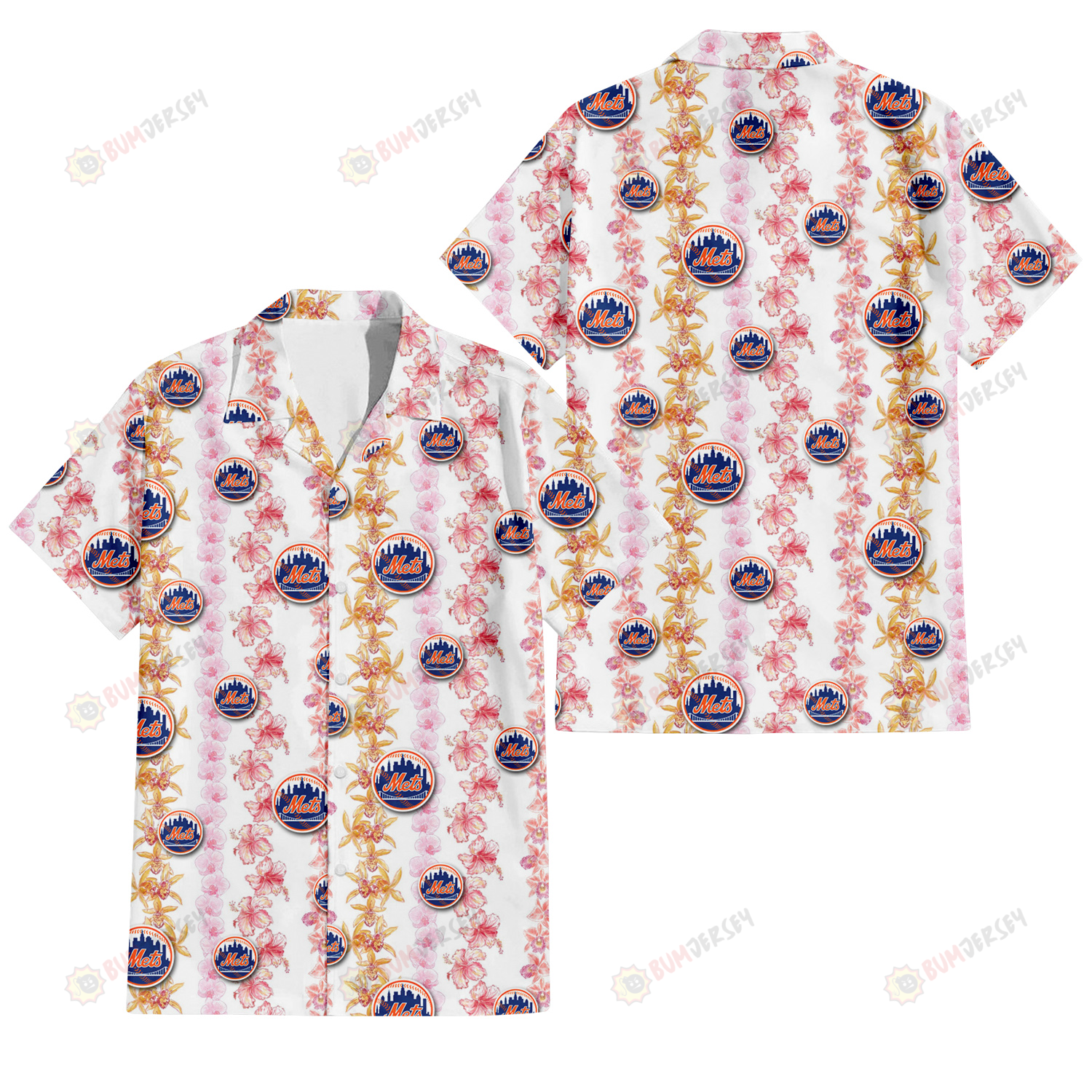 New York Mets Pink Hibiscus Yellow Pink Orchid White Background 3D Hawaiian Shirt