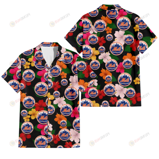 New York Mets Pink Orange Yellow White Hibiscus Black Background 3D Hawaiian Shirt