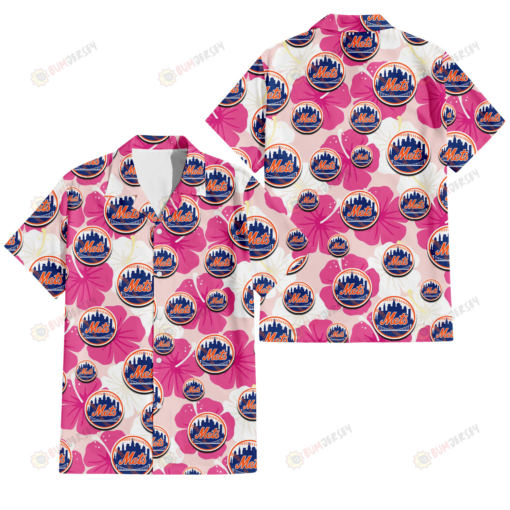 New York Mets Pink White Hibiscus Misty Rose Background 3D Hawaiian Shirt