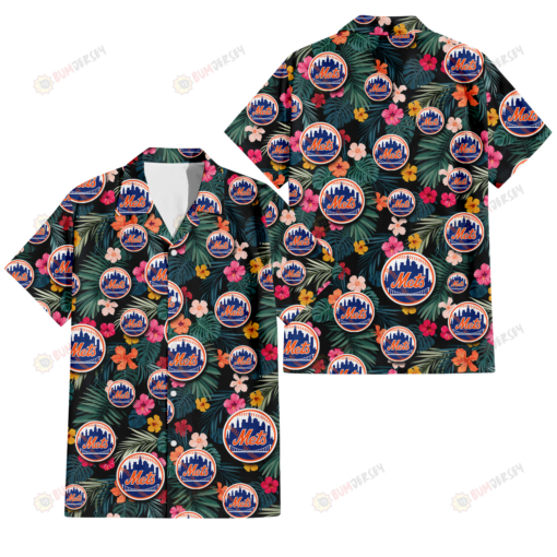 New York Mets Pink Yellow Orange Hibiscus Big Tropical Leaf Black Background 3D Hawaiian Shirt