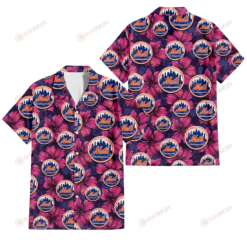 New York Mets Plum Vilolet Hibiscus Dark Navy Leaf Black 3D Hawaiian Shirt