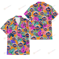 New York Mets Purple Hibiscus Neon Leaf Orange Background 3D Hawaiian Shirt