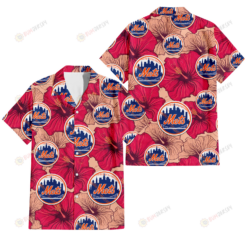 New York Mets Red Beige Hibiscus Beige Background 3D Hawaiian Shirt