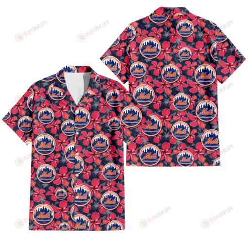 New York Mets Red Hibiscus Dark Gray Background 3D Hawaiian Shirt