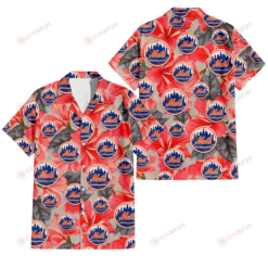 New York Mets Red Hibiscus Gray Leaf Beige Background 3D Hawaiian Shirt