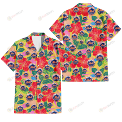 New York Mets Red Hibiscus Green Blue Leaf Yellow Background 3D Hawaiian Shirt
