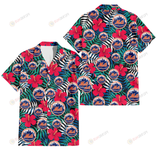 New York Mets Red Hibiscus Green Blue White Leaf Black Background 3D Hawaiian Shirt