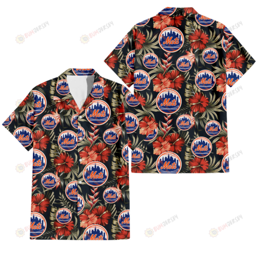 New York Mets Red Hibiscus Green Leaf Dark Background 3D Hawaiian Shirt