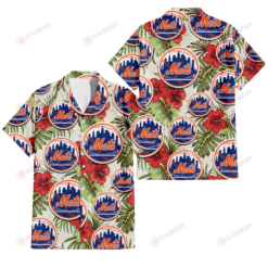 New York Mets Red Hibiscus Green Tropical Leaf Cream Background 3D Hawaiian Shirt
