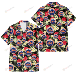 New York Mets Red Hibiscus Yellow Porcelain Flower Black Background 3D Hawaiian Shirt