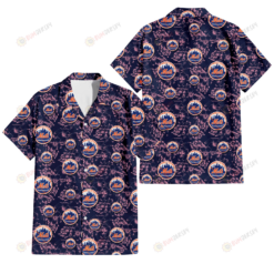 New York Mets Thistle Sketch Hibiscus Dark Slate Blue Background 3D Hawaiian Shirt