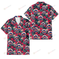 New York Mets Tiny Red Hibiscus White Porcelain Flower Black Background 3D Hawaiian Shirt