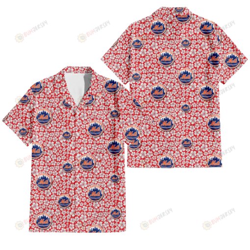 New York Mets Tiny White Hibiscus Pattern Red Background 3D Hawaiian Shirt