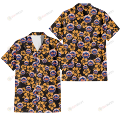New York Mets Tiny Yellow Hibiscus Black Background 3D Hawaiian Shirt