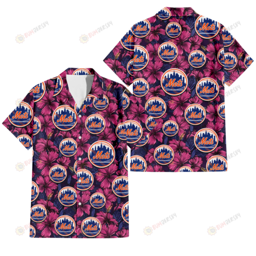 New York Mets Violet Red Blue Leaf Black Background 3D Hawaiian Shirt