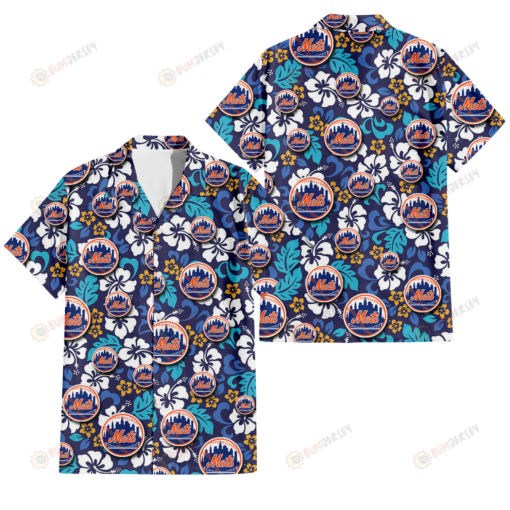 New York Mets White Hibiscus Ceramic Style Navy Background 3D Hawaiian Shirt