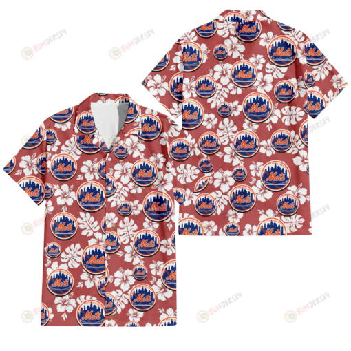 New York Mets White Hibiscus Indian Red Background 3D Hawaiian Shirt