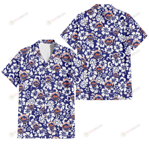 New York Mets White Hibiscus Pattern Slate Blue Background 3D Hawaiian Shirt