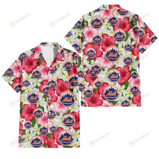 New York Mets White Porcelain Flower Pink Hibiscus White Background 3D Hawaiian Shirt