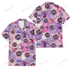 New York Mets White Purple Hibiscus Pink Hummingbird Pink Background 3D Hawaiian Shirt