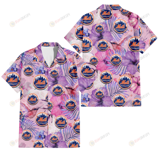 New York Mets White Purple Hibiscus Pink Hummingbird Pink Background 3D Hawaiian Shirt