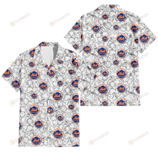 New York Mets White Sketch Hibiscus Pattern White Background 3D Hawaiian Shirt