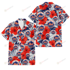 New York Mets White Tropical Leaf Red Hibiscus Navy Background 3D Hawaiian Shirt