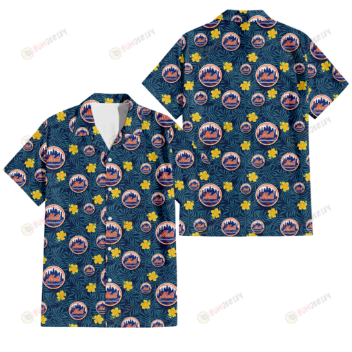 New York Mets Yellow Hibiscus Cadet Blue Leaf Navy Background 3D Hawaiian Shirt