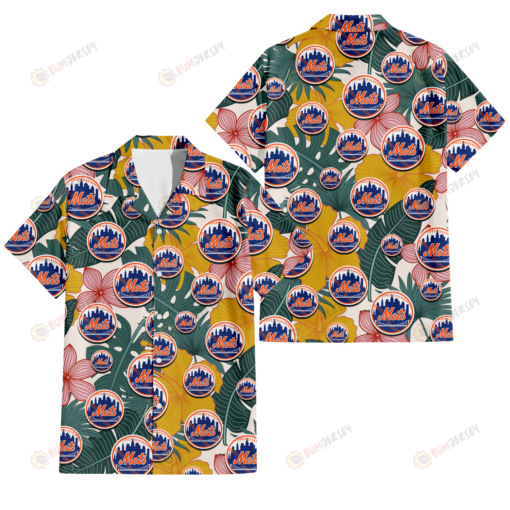 New York Mets Yellow Hibiscus Green Banana Leaf Pink Porcelain Flower 3D Hawaiian Shirt