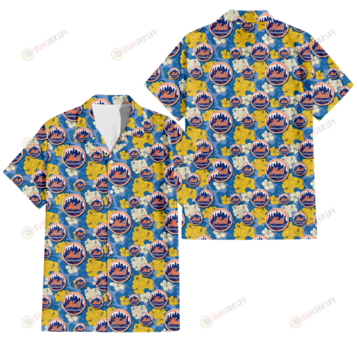 New York Mets Yellow White Hibiscus Powder Blue Background 3D Hawaiian Shirt