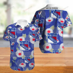 New York Rangers Floral & Leaf Pattern Curved Hawaiian Shirt In White & Blue