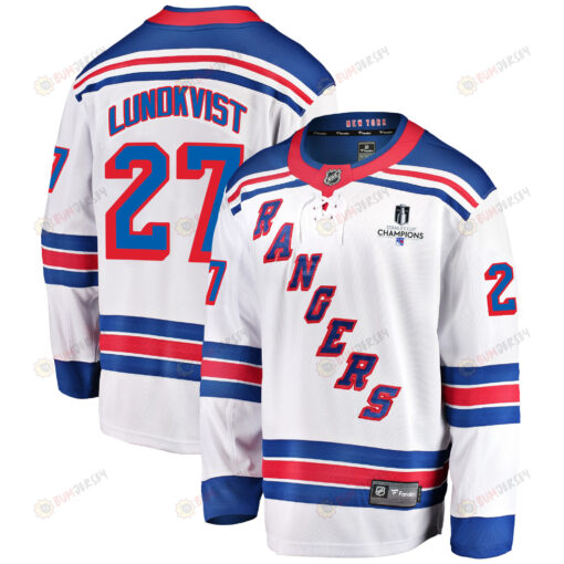New York Rangers Nils Lundkvist 27 Away 2022 Stanley Cup Champions Breakaway Men Jersey - White