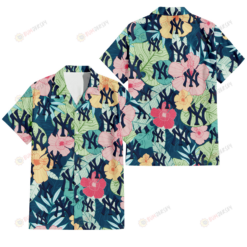New York Yankees Colorful Sketch Hibiscus Dark Green Background 3D Hawaiian Shirt