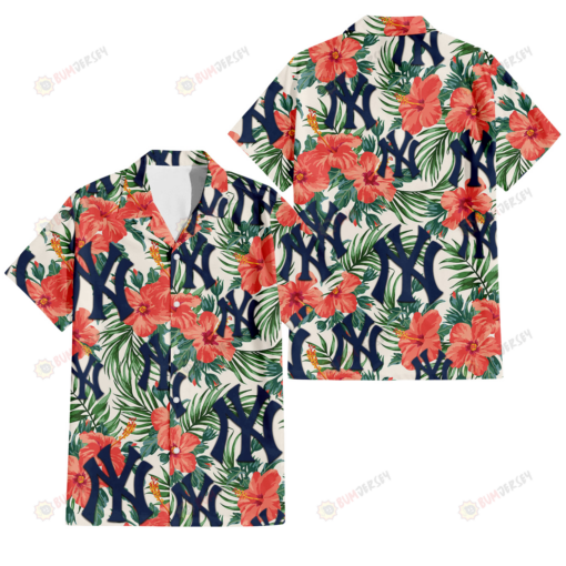 New York Yankees Coral Hibiscus Green Leaf Beige Background 3D Hawaiian Shirt