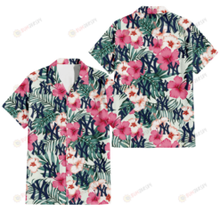 New York Yankees Coral Pink Hibiscus Green Leaf Beige Background 3D Hawaiian Shirt