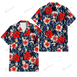 New York Yankees Coral Red Hibiscus Blue Palm Leaf Black Background 3D Hawaiian Shirt