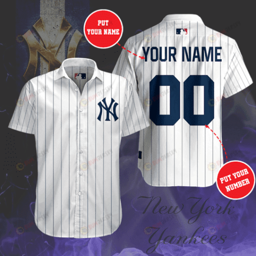 New York Yankees Custom Name And Number Curved Hawaiian Shirt In White